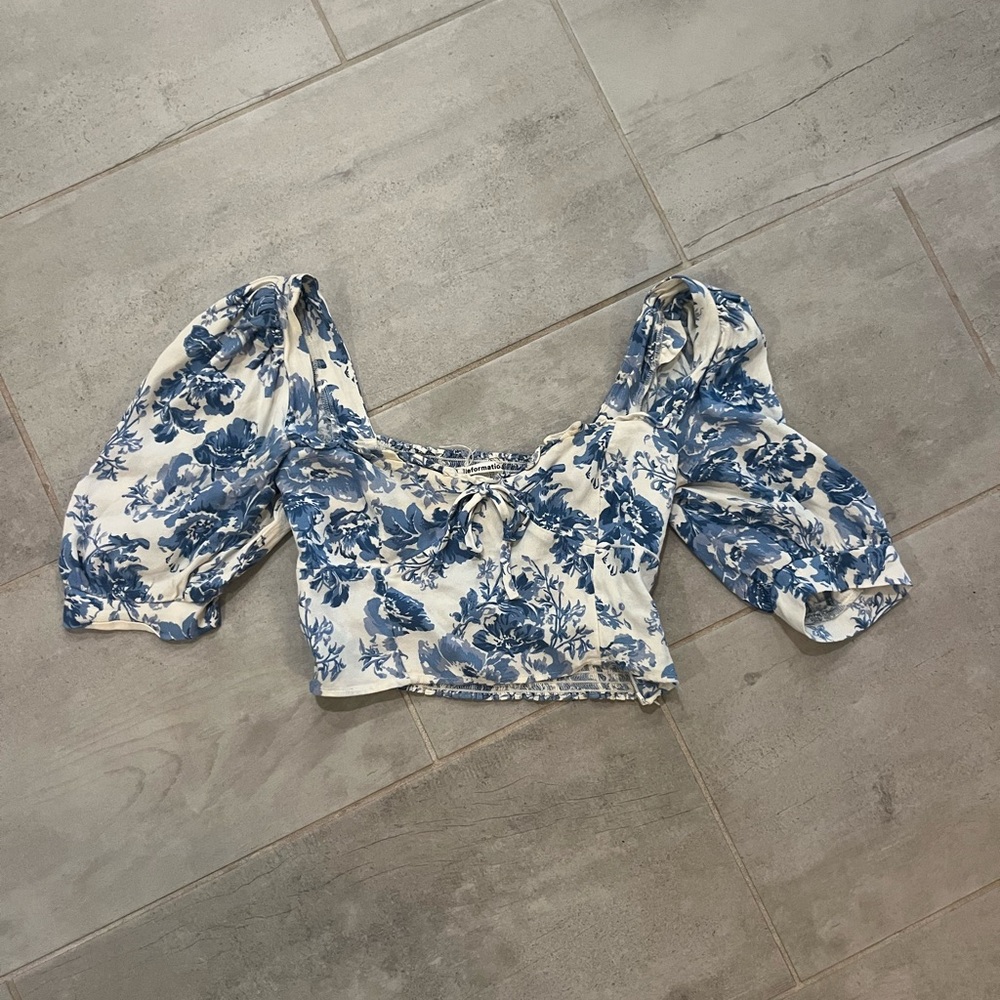 Reformation Blue Floral Puff Sleeve Blouse